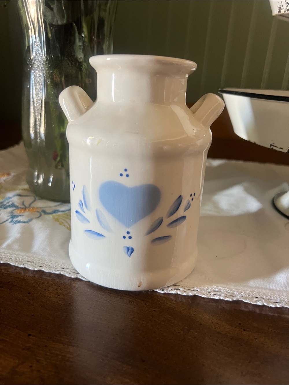 White Ceramic Milk Can Vase with Blue Heart Motif - Home Accents